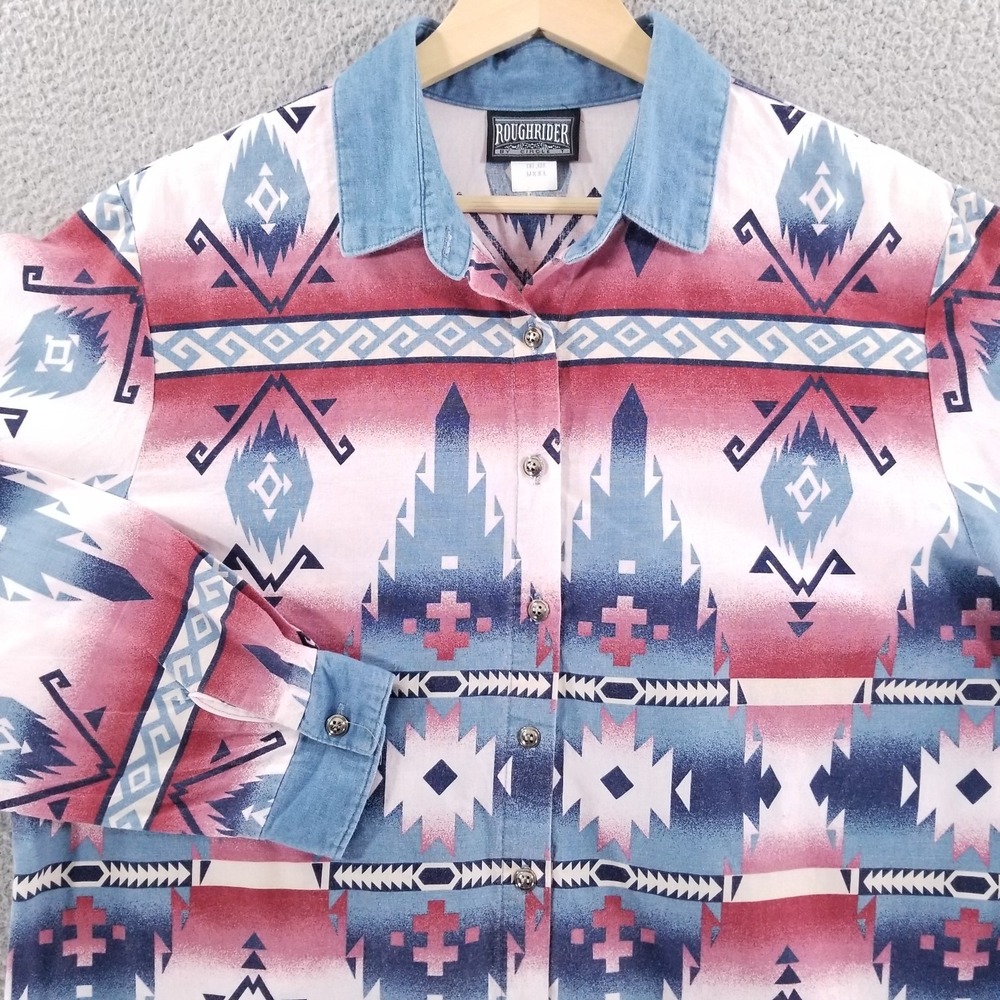 Roughrider By Circle T Shirt Womens 2XL Blue Aztec Southwest Western Rodeo Horse